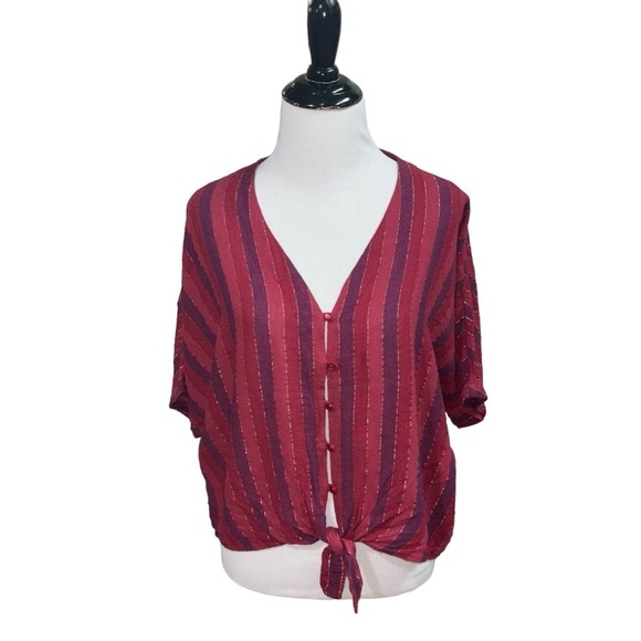 Rails Women's L Large Crop Top Frontal Tie Striped Gold Thread Boho Lightweight - Picture 2 of 9